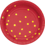 Red and Gold Foil  Polka Dot  Dessert Plates /8 Count /7"
