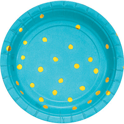 Bermuda Blue and Gold Foil Polka Dot Dessert Plates -8 Count 7 inch.