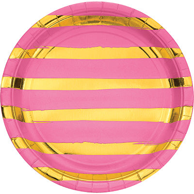 Pink and Gold Foil Striped Luncheon Plates/8 Count/9